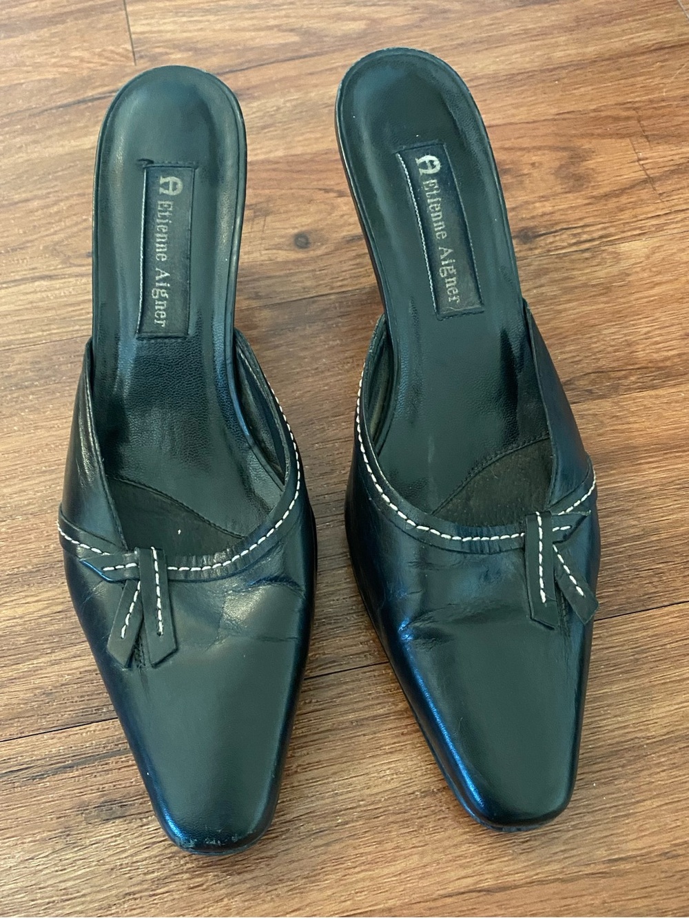 Etienne Aigner Black Leather Slip-On Mules with White Topstitch